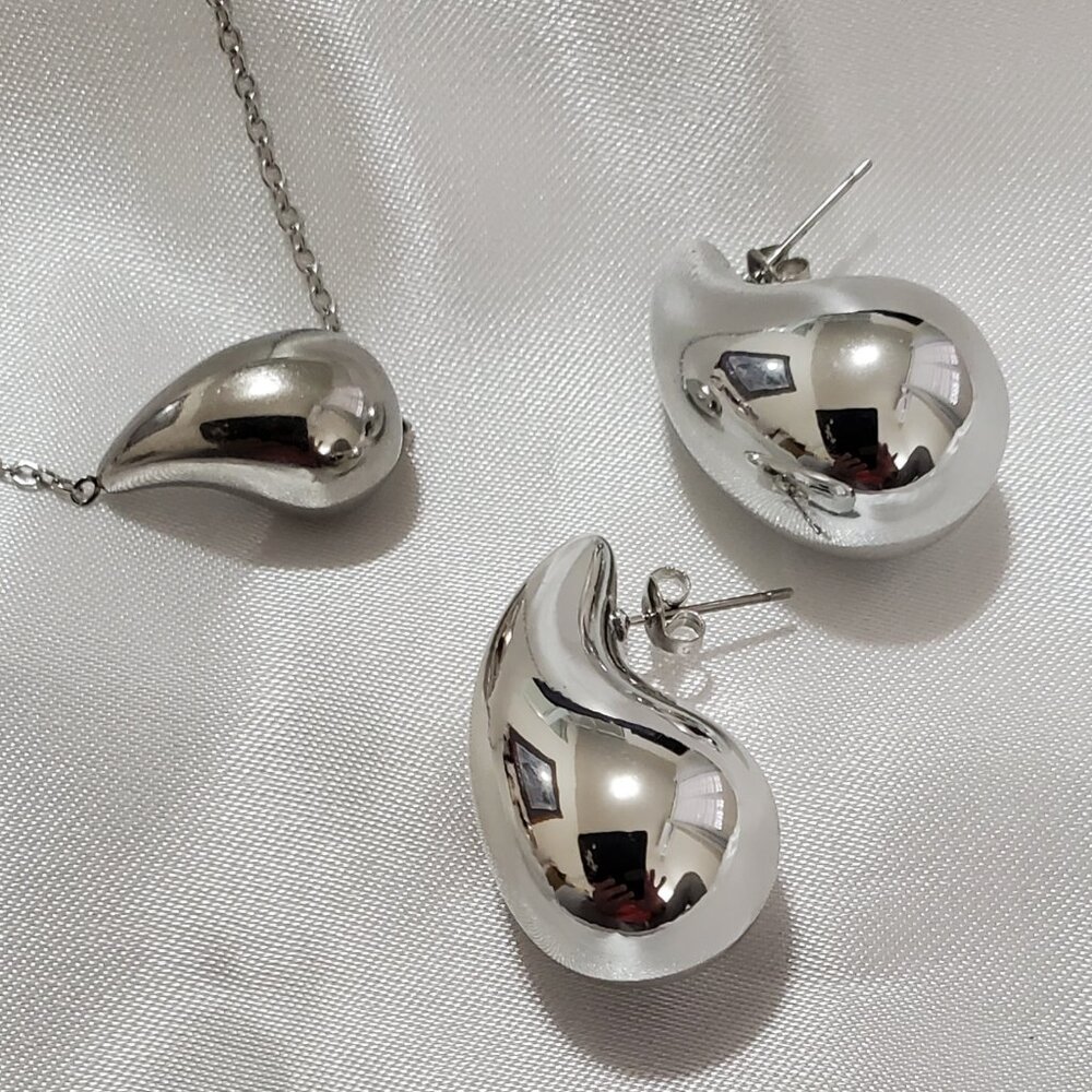 Minimalist Stainless Steel Water Drop Necklace & Earrings Set | Silver Geometric